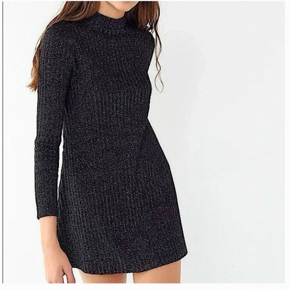 Urban Outfitters Sweater Mini Dress Medium Womens Black Glitter Mock Neck Dress - Picture 2 of 10